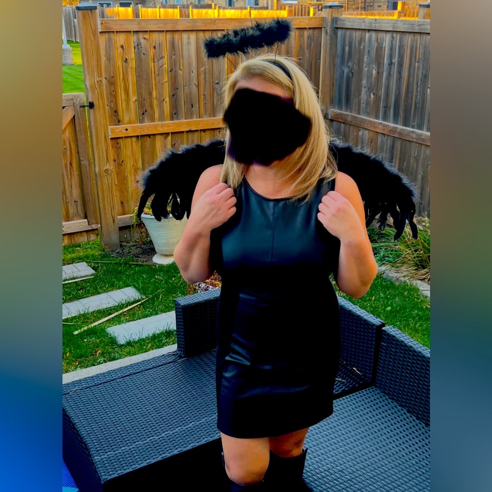 Adult women halloween costume, Black Angel Costume with Halo and Wings Sexy